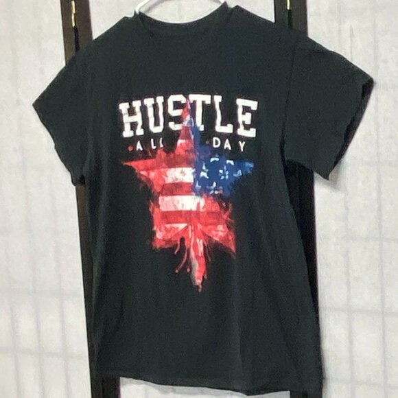 Short Sleeve Patriotic Screen Print USA Star Hustle All Day Crew Neck Tee Shirt - Picture 4 of 9